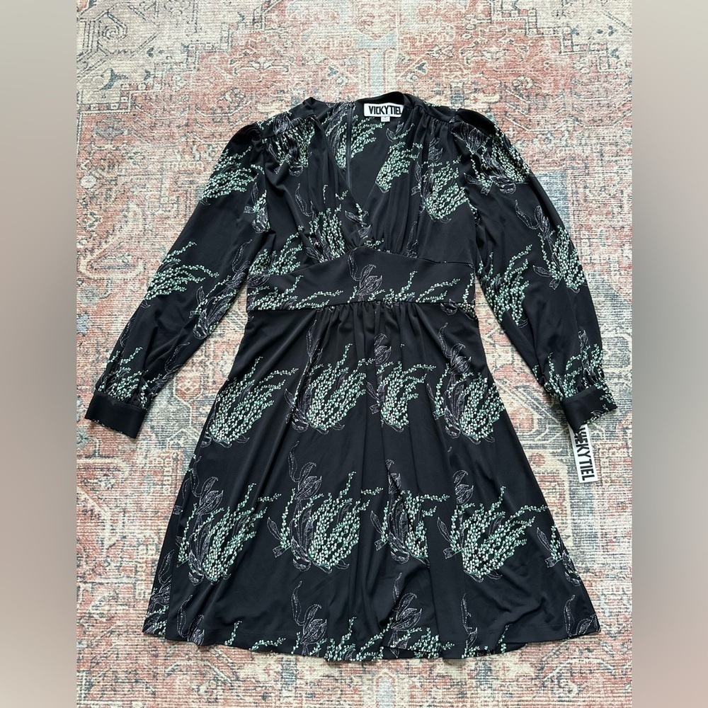 VTG Y2K Vicky Tiel Black Baby Doll Dress with Empire Waist Floral Print M/NWT